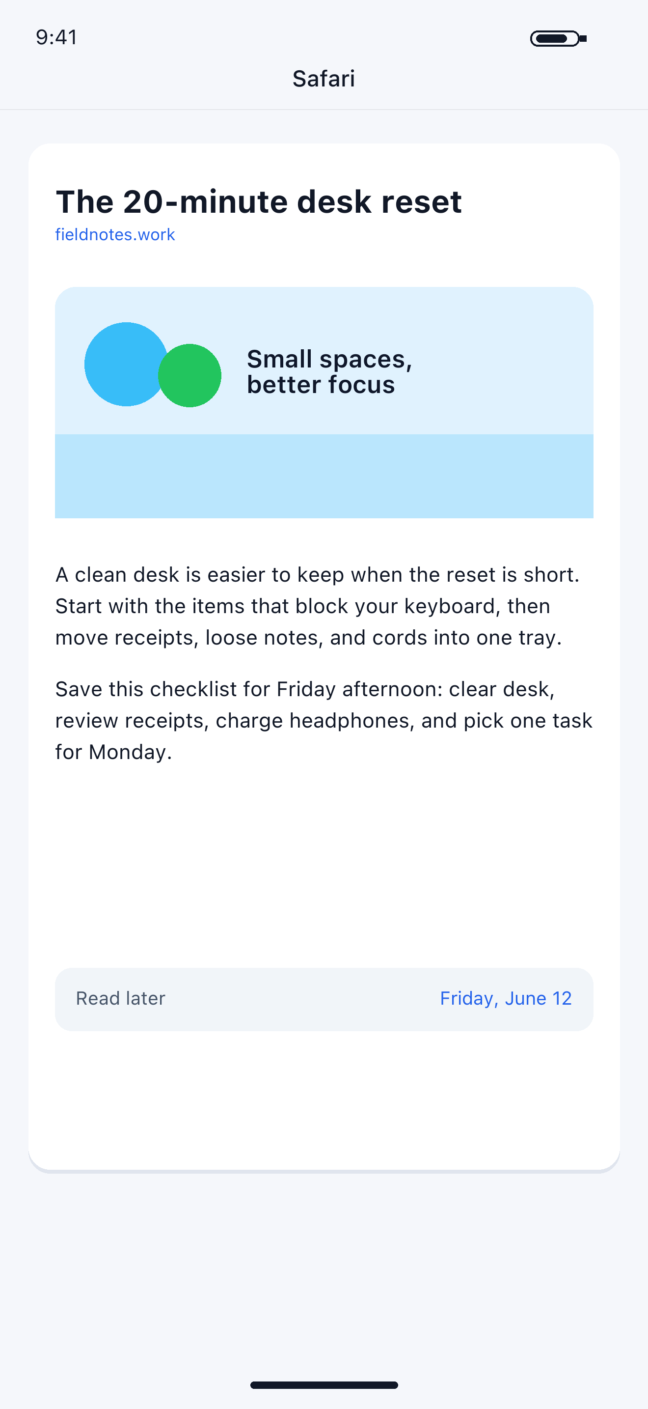 Synthetic desk reset article screenshot saved for Friday